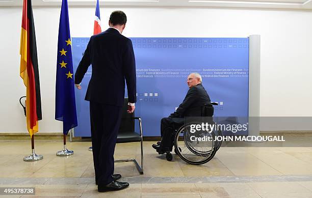 German Finance Minister Wolfgang Schaeuble welcomes British Chancellor of the Exchequer George Osborne on November 2, 2015 at the finance ministry in...