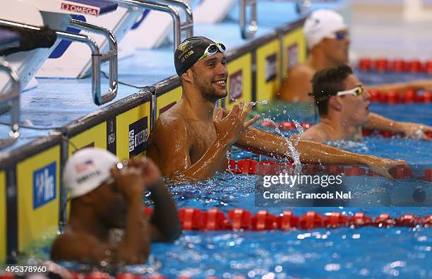 Chad Le Clos of South Africa celebrates after winning the Men's 50m Butterfly final during day one of the FINA World Swimming Cup 2015 at the Hamad...