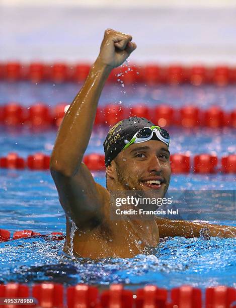 Chad Le Clos of South Africa celebrates after winning the Men's 50m Butterfly final during day one of the FINA World Swimming Cup 2015 at the Hamad...