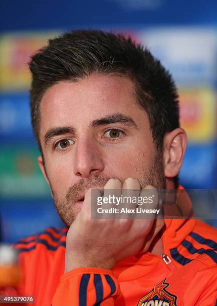 Zoran Tosic of CSKA Moscow faces the media during a press conference at Old Trafford on November 2, 2015 in Manchester, England.