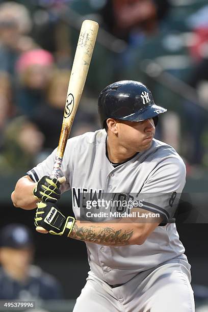 Gary Sanchez of the New York Yankees prepares for a pitch during a baseball game against the Baltimore Orioles at Oriole Park at Camden Yards on...