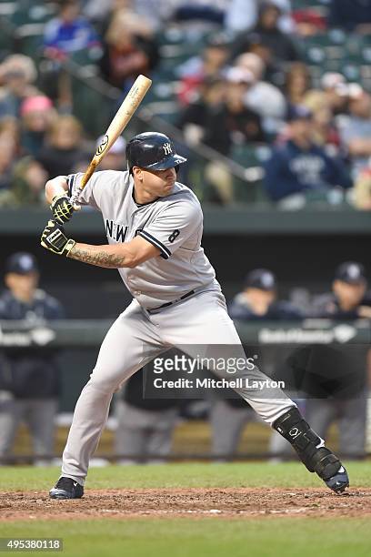 Gary Sanchez of the New York Yankees prepares for a pitch during a baseball game against the Baltimore Orioles at Oriole Park at Camden Yards on...