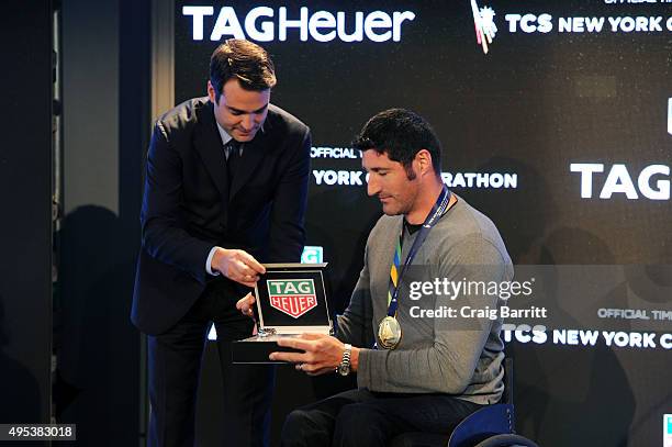 Kilian Muller, President, TAG Heuer North America and Ernst Van Dyk attend the TAG Heuer New York Marathon Awards on November 2, 2015 in New York...