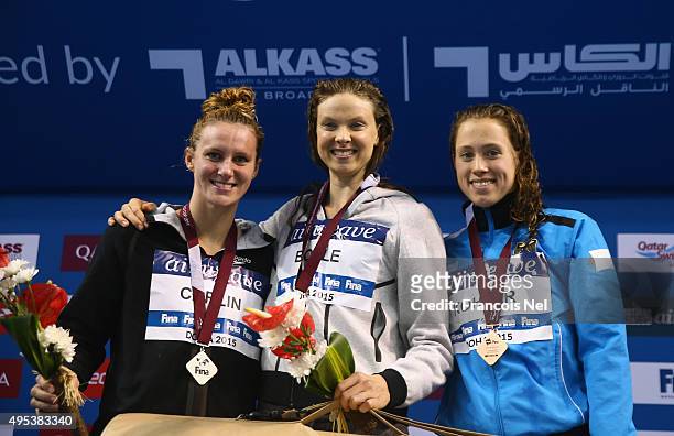 Jaz Carlin of New Zealand, Lauren Boyle od New Zealand and Sarah Kohler of Germany celebrates on the podium after the Women's 800m Freestyle final...