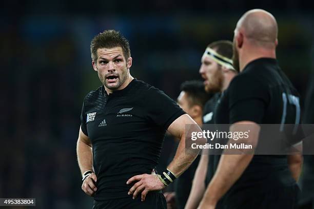 Richie McCaw of New Zealand looks on during the 2015 Rugby World Cup Final match between New Zealand and Australia at Twickenham Stadium on October...