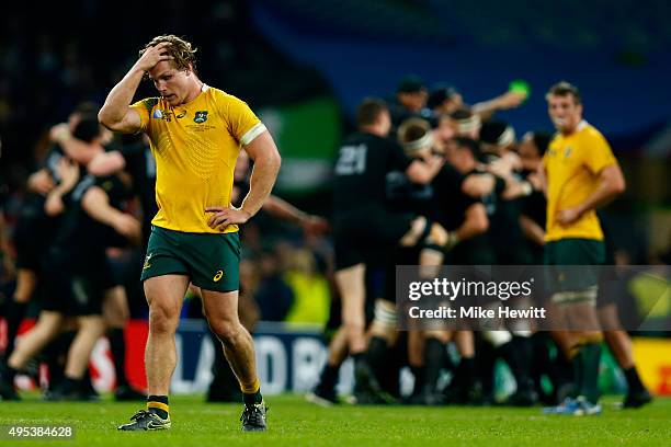 Dejected Michael Hooper of Australia reacts as the final whistle blows during the 2015 Rugby World Cup Final match between New Zealand and Australia...