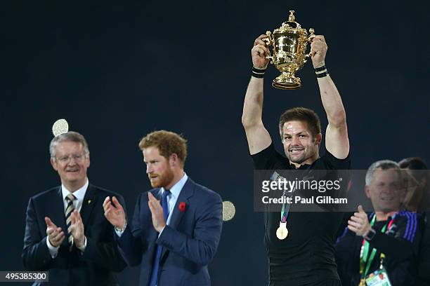 Richie McCaw of New Zealand lifts the Webb Ellis cup following his team's victory during the 2015 Rugby World Cup Final match between New Zealand and...