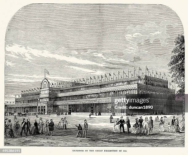 exterior of the great exhibition of 1851 - crystal palace london stock illustrations