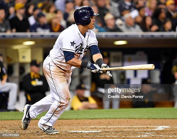 Everth Cabrera of the San Diego Padres hits an RBI double during the fifth inning of a baseball game against the Pittsburgh Pirates at Petco Park...