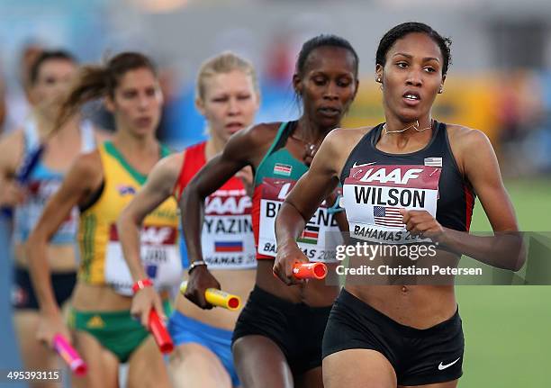 Ajee Wilson of the United States competes in the Women's 4x800 metres relay final during day two of the IAAF World Relays at the Thomas Robinson...