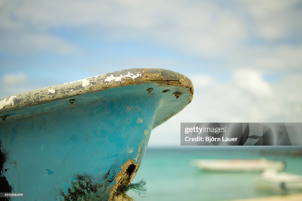 A boat in front of a beach of Saona Island