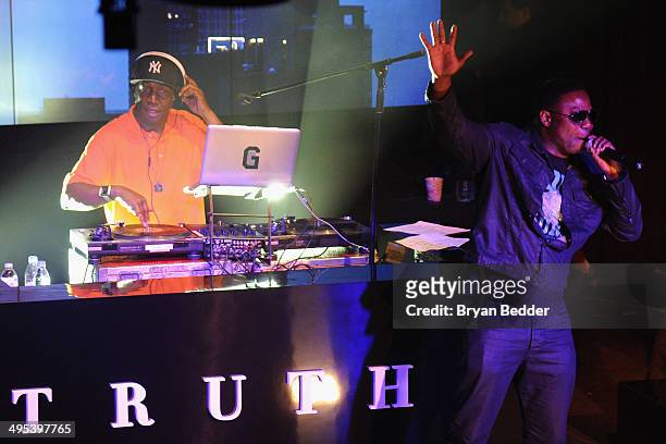 Composer Grandmaster Flash and rapper Doug E. Fresh perform at the Starz "Power" premiere after party at Highline Ballroom on June 2, 2014 in New...