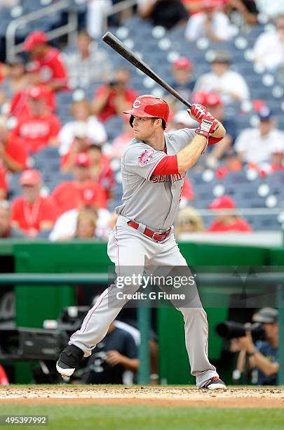 Brennan Boesch of the Cincinnati Reds bats against the Washington Nationals at Nationals Park on September 28, 2015 in Washington, DC.