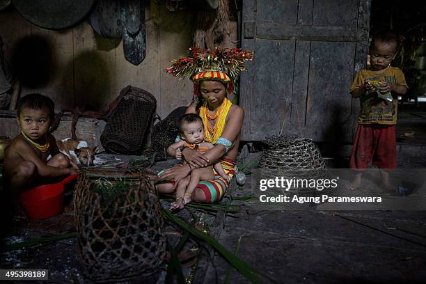 Aman Gotdai's wife, Bai Gotdai holds her son during Inauguration Ritual for Aman Gotdai as a New Sikerei on May 26, 2014 in Butui Village, Siberut...