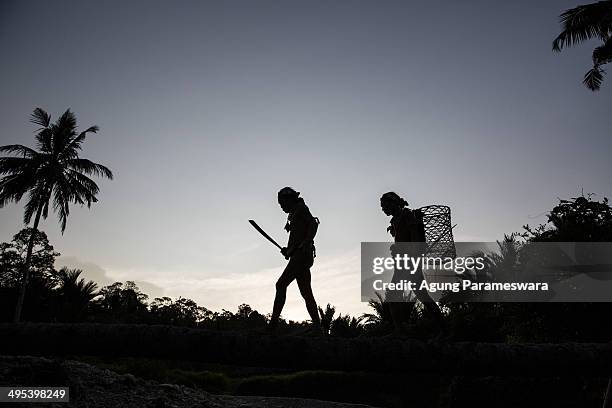 Two Mentawanese men of Sikerei, Aman Lepon and Aman LauLau , walk to the jungle to collect leaves during Inauguration Ritual preparation for Aman...