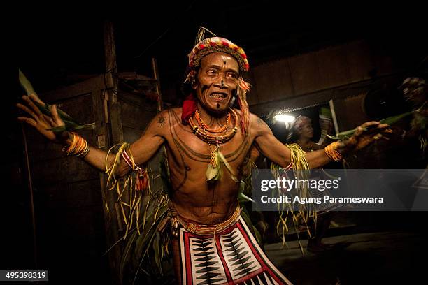 Mentawanese Sikerei, Aman LauLau, performs Turu Dance during Inauguration Ritual processions for his son Aman Gotdai as a New Sikerei on May 24, 2014...