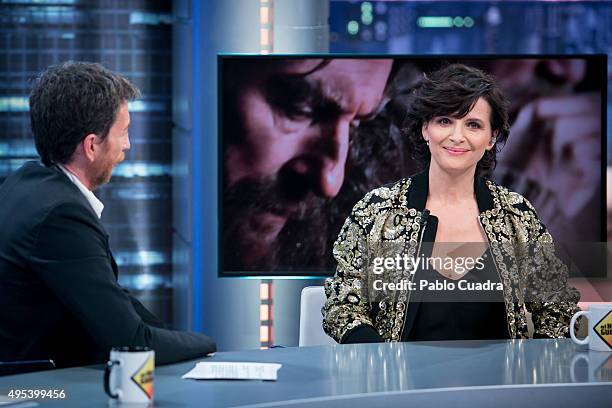 Pablo Motos and Juliette Binoche attend 'El Hormiguero' Tv Show on November 2, 2015 in Madrid, Spain.