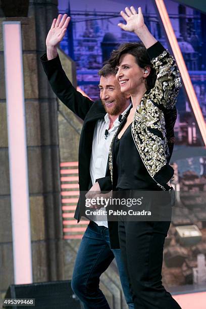 Pablo Motos and Juliette Binoche attend 'El Hormiguero' Tv Show on November 2, 2015 in Madrid, Spain.