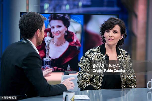 Pablo Motos and Juliette Binoche attend 'El Hormiguero' Tv Show on November 2, 2015 in Madrid, Spain.