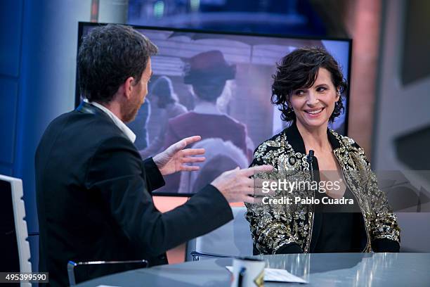 Pablo Motos and Juliette Binoche attend 'El Hormiguero' Tv Show on November 2, 2015 in Madrid, Spain.