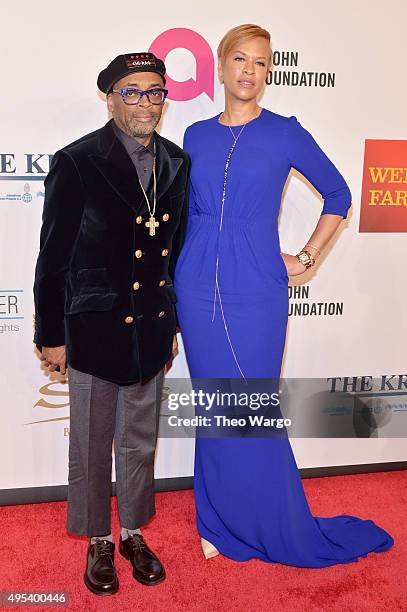 Spike Lee and Actress Tonya Lewis Lee attend Elton John AIDS Foundation's 14th Annual An Enduring Vision Benefit at Cipriani Wall Street on November...