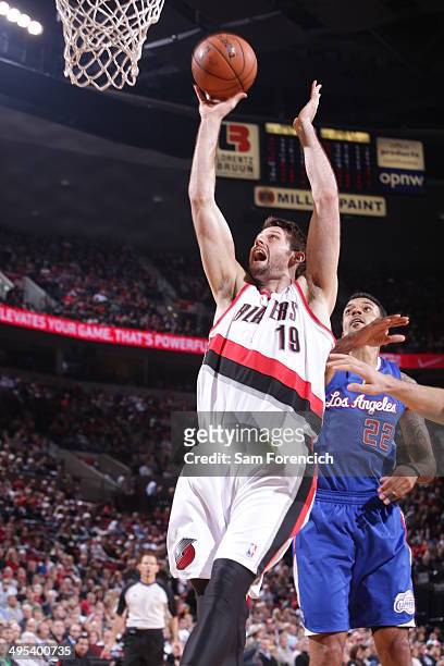 Joel Freeland of the Portland Trail Blazers shoots the ball during the game against the Los Angeles Clippers on April 16, 2014 at the Moda Center...