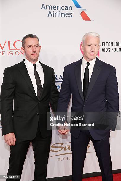 Benjamin Maisani and Journalist Anderson Cooper attend Elton John AIDS Foundation's 14th Annual An Enduring Vision Benefit at Cipriani Wall Street on...