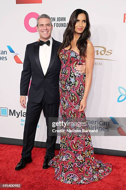 Television host Andy Cohen and Padma Lakshmi attend Elton John AIDS Foundation's 14th Annual An Enduring Vision Benefit at Cipriani Wall Street on...