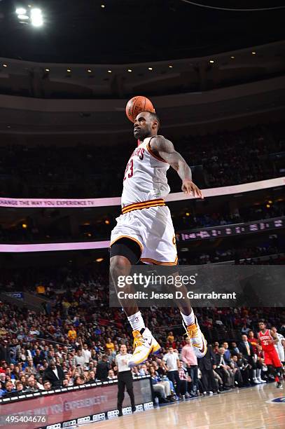 LeBron James of the Cleveland Cavaliers dunks the ball against the Philadelphia 76ers at Wells Fargo Center on November 2, 2015 in Philadelphia,...