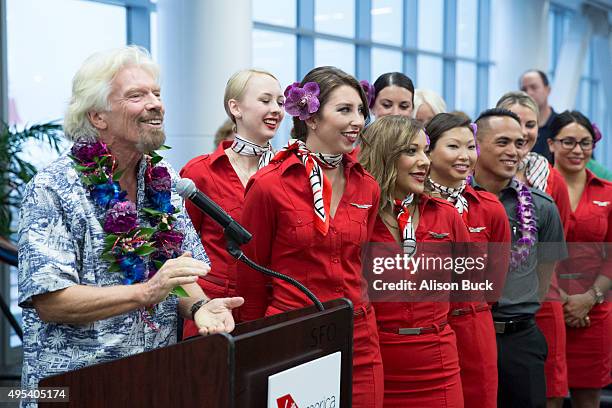 Virgin Group Founder, Sir Richard Branson speaks during Virgin America and Airbnb Hawaii Launch Party on November 2, 2015 in San Francisco,...