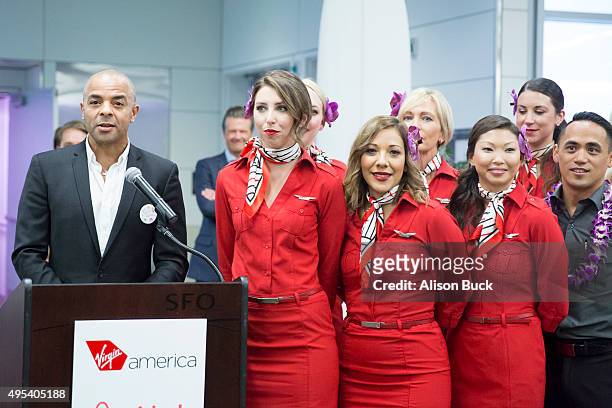 Airbnb Chief Marketing Officer, Jonathan Mildenhall speaks during Virgin America and Airbnb Hawaii Launch Party on November 2, 2015 in San Francisco,...