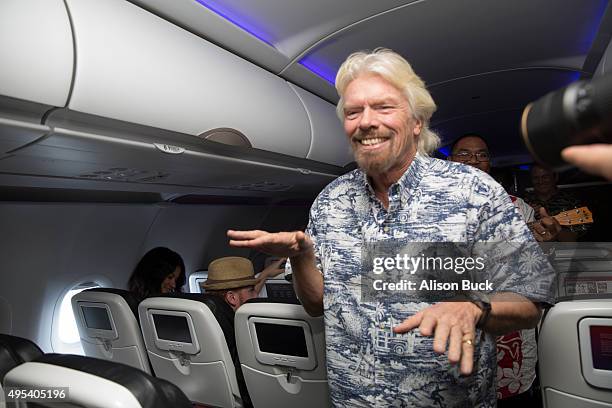 Virgin Group Founder, Sir Richard Branson dances the hula during Virgin America and Airbnb Hawaii Launch Party on November 2, 2015 in San Francisco,...