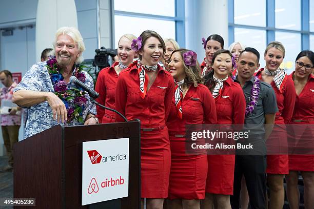 Virgin Group Founder, Sir Richard Branson speaks during Virgin America and Airbnb Hawaii Launch Party on November 2, 2015 in San Francisco,...