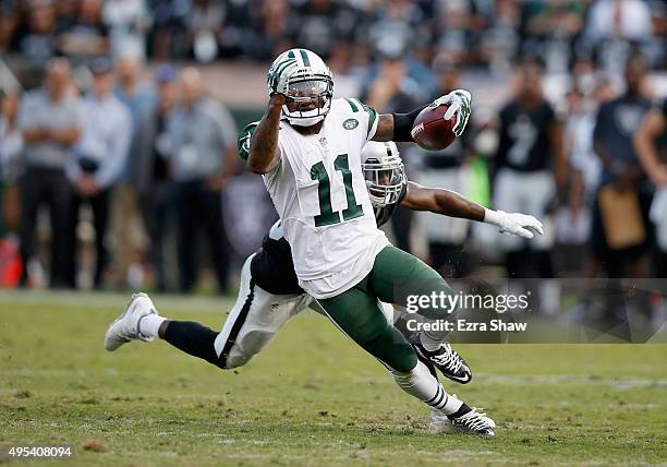 Jeremy Kerley of the New York Jets gets past D.J. Hayden of the Oakland Raiders at O.co Coliseum on November 1, 2015 in Oakland, California.