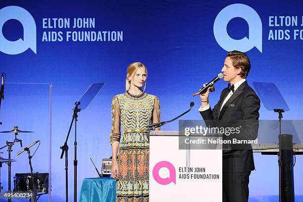 View of auction onstage at Elton John AIDS Foundation's 14th Annual An Enduring Vision Benefit at Cipriani Wall Street on November 2, 2015 in New...