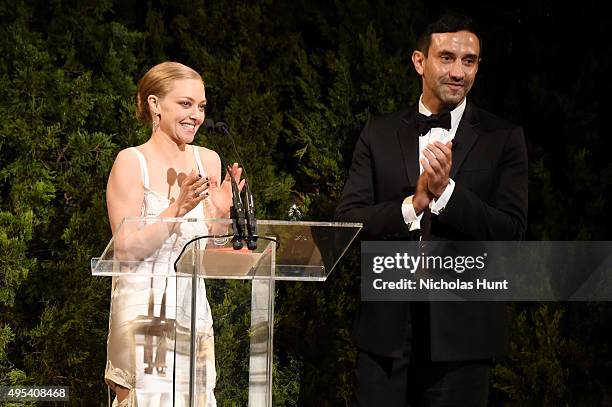 Actress Amanda Seyfried and designer and keynote speaker Riccardo Tisci speak onstage at the 12th annual CFDA/Vogue Fashion Fund Awards at Spring...