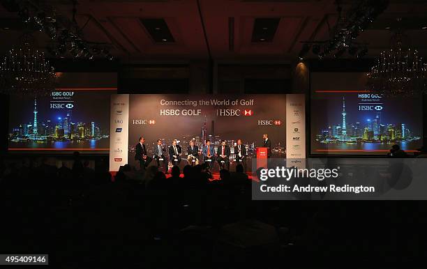 Giles Morgan , Tim Finchem , , Keith Pelley , Martin Slumbers , Kyi Hla Han , Ahmed Al Qubaisi and Guy Kinnings are pictured on stage during the HSBC...