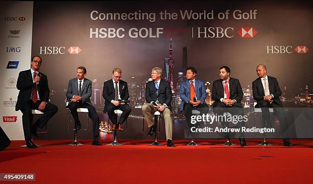 Giles Morgan , Tim Finchem , , Keith Pelley , Martin Slumbers , Kyi Hla Han , Ahmed Al Qubaisi and Guy Kinnings are pictured on stage during the HSBC...