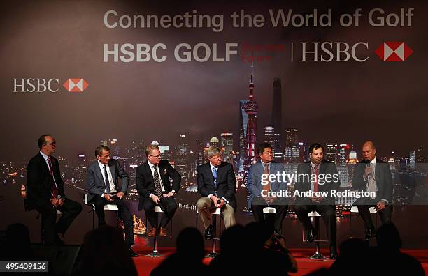 Giles Morgan , Tim Finchem , , Keith Pelley , Martin Slumbers , Kyi Hla Han , Ahmed Al Qubaisi and Guy Kinnings are pictured on stage during the HSBC...