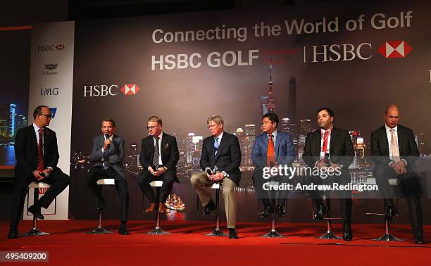 Giles Morgan , Tim Finchem , , Keith Pelley , Martin Slumbers , Kyi Hla Han , Ahmed Al Qubaisi and Guy Kinnings are pictured on stage during the HSBC...