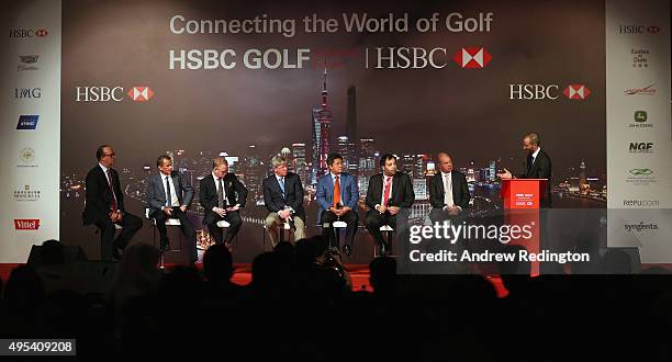 Giles Morgan , Tim Finchem , , Keith Pelley , Martin Slumbers , Kyi Hla Han , Ahmed Al Qubaisi and Guy Kinnings are pictured on stage during the HSBC...