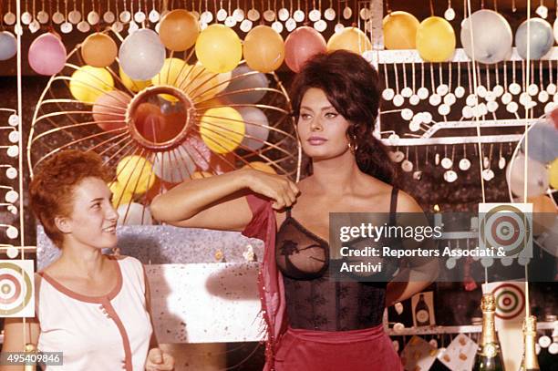 Italian actress Sophia Loren acting in a lace leotard in the episode La Riffa from the film Boccaccio '70. 1961