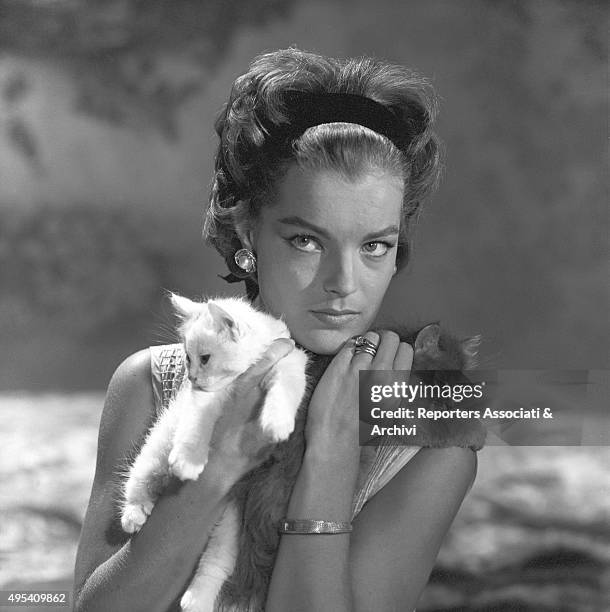 German-born French actress Romy Schneider holding two cats in the episode Il lavoro from the film Boccaccio '70. 1961