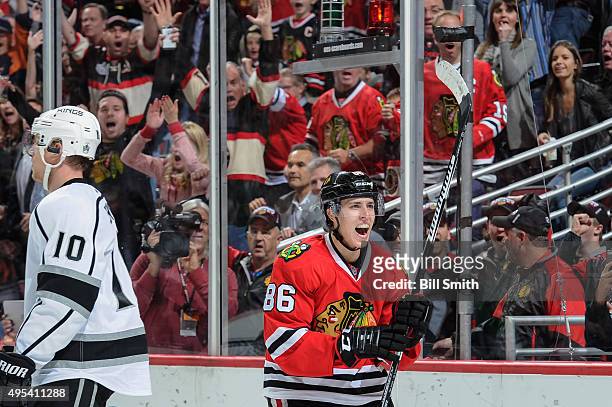Teuvo Teravainen of the Chicago Blackhawks celebrates after scoring in the third period of the NHL game against the Los Angeles Kings at the United...