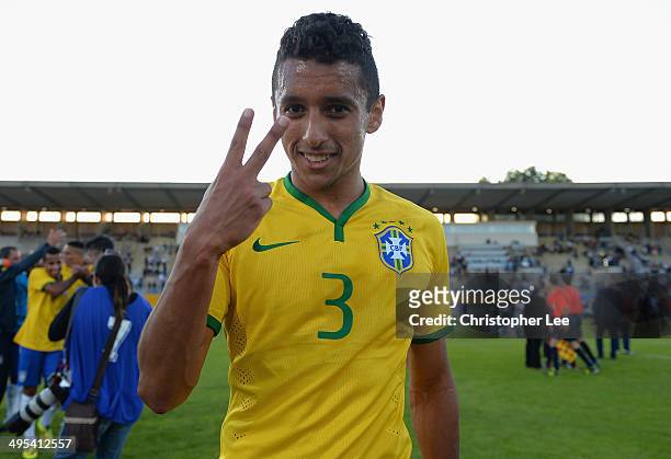 Marquinhos of Brasil celebrates their victory during the Final of the Toulon Tournament between France and Brazil at the Parc des Sports Avignon on...