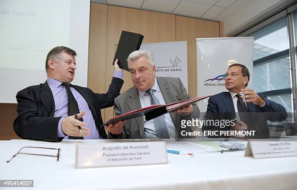 French airport operator Aeroports de Paris CEO Augustin de Romanet , French Junior Minister for Transport, Maritime and Fishery, Frederic Cuvillier...