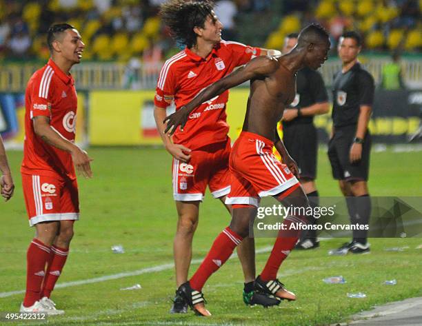 Cristian Lasso of America de Cali celebrates after scoring the second goal of his team during a match between Real Cartagena and America de Cali as...