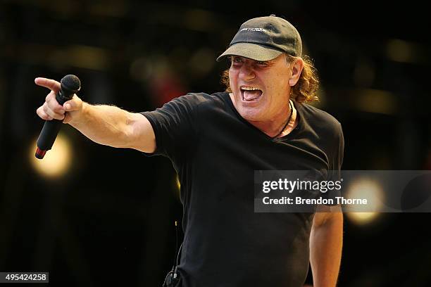 Brian Johnson of AC/DC performs on stage during a media call ahead of their 'Rock or Bust' world tour at ANZ Stadium on November 3, 2015 in Sydney,...