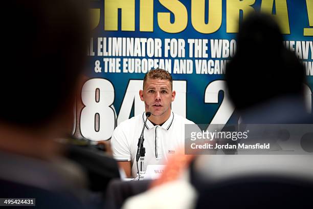 Billy Joe Saunders talks during the press conference to discuss two separate upcoming fights featuring Billy Joe Saunders and Chris Eubank Jnr. On...