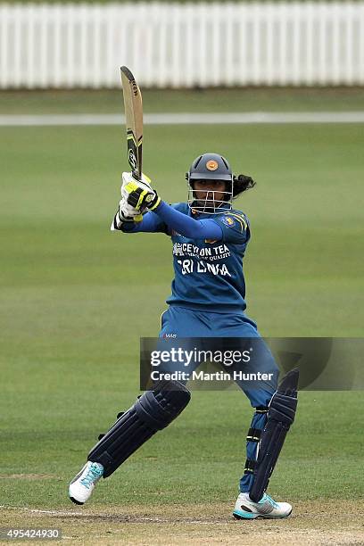 Inoka Ranaweera of Sri Lanka bats during the First Women's One Day International match between New Zealand and Sri Lanka at Bert Sutcliffe Oval,...